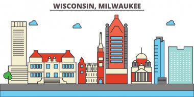 Wisconsin, Milwaukee City.City manzarası: mimari, binalar, sokaklar, siluet, peyzaj, panorama, yerler, simgeler. Düzenlenebilir vuruş. Düz çizgi vektör çizim tasarım.