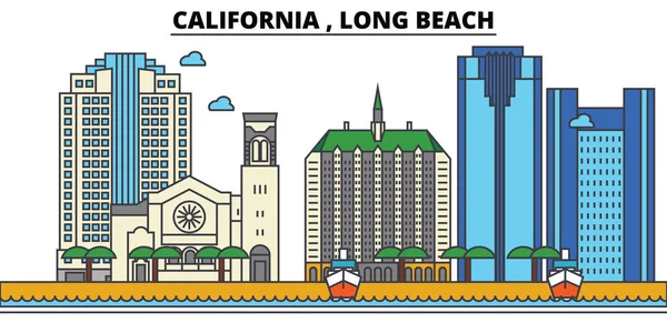 California, uzun Beach.City manzarası: mimari, binalar, sokaklar, siluet, peyzaj, panorama, yerler, simgeler. Düzenlenebilir vuruş. Düz çizgi vektör çizim tasarım.