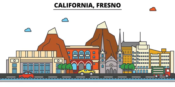 Californie, Fresno Skyline de la ville : architecture, bâtiments, rues, silhouette, paysage, panorama, monuments, icônes. Coups modifiables. Conception plate ligne vectorielle illustration concept . — Image vectorielle