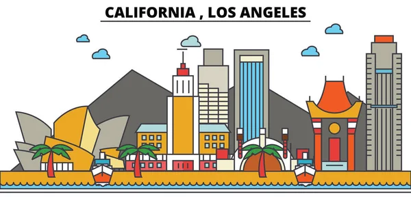 California, Los Angeles.City Panorama: architektura, budovy, ulice, silueta, krajina, panorama, zajímavosti, ikony. Upravitelné tahy. Plochý design line vektorové ilustrace koncept. — Stockový vektor