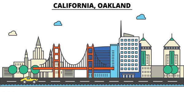 Kalifornie, Oakland.City Panorama: architektura, budovy, ulice, silueta, krajina, panorama, zajímavosti, ikony. Upravitelné tahy. Plochý design line vektorové ilustrace koncept. — Stockový vektor
