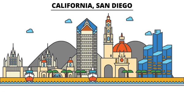 California, San Diego.City Panorama: architektura, budovy, ulice, silueta, krajina, panorama, zajímavosti, ikony. Upravitelné tahy. Plochý design line vektorové ilustrace koncept. — Stockový vektor