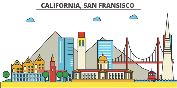 California, San Francisco.City Panorama: architektura, budovy, ulice, silueta, krajina, panorama, zajímavosti, ikony. Upravitelné tahy. Plochý design line vektorové ilustrace koncept. — Stockový vektor