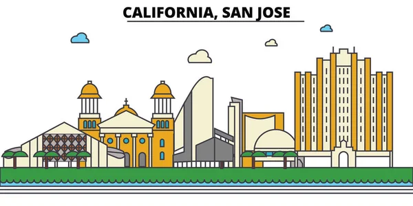Καλιφόρνιας, San Jose.City στον ορίζοντα: αρχιτεκτονική, κτήρια, δρόμους, σιλουέτα, τοπίο, Πανόραμα, ορόσημα, εικονίδια. Επεξεργάσιμη εγκεφαλικά επεισόδια. Επίπεδη σχεδίαση γραμμής διανυσματικά εικονογράφηση. — Διανυσματικό Αρχείο