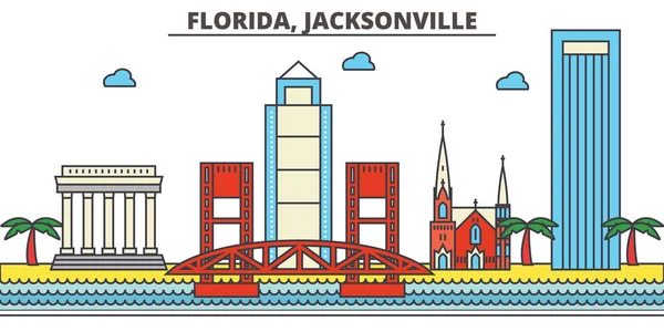 ฟลอริด้า, Jacksonville.City skyline: สถาปัตยกรรม, อาคาร, ถนน, ภาพเงา, ภูมิทัศน์, พาโนรามา, สถานที่สําคัญ, ไอคอน. จังหวะที่แก้ไขได้ แนวคิดการวาดภาพเวกเตอร์เส้นแบบแบน . — ภาพเวกเตอร์สต็อก