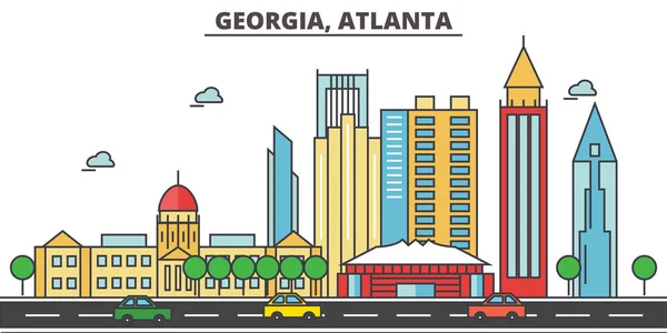 Georgië, de skyline van de Atlanta.City: architectuur, gebouwen, straten, silhouet, landschap, panorama, monumenten, pictogrammen. Bewerkbare lijnen. Platte lijn vector illustratie ontwerpconcept. — Stockvector