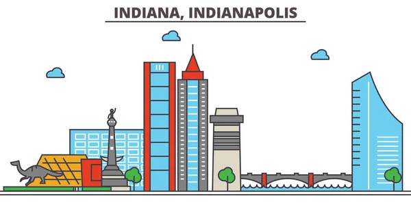 印第安纳州 Indianapolis.City 的天际线： 建筑、 建筑、 街道、 剪影、 风景、 全景、 地标、 图标。可编辑的笔画。平面设计线矢量图的概念. — 图库矢量图片