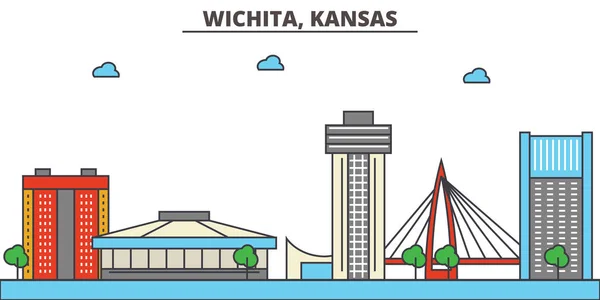 Kansas, Wichita.City skyline: architecture, buildings, streets, silhouette, landscape, panorama, landmarks, icons. Golpes editables. Diseño plano línea vector concepto de ilustración . — Vector de stock
