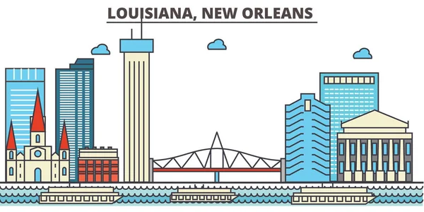 Louisiana, New Orleans.City skyline: arkkitehtuuri, rakennukset, kadut, siluetti, maisema, panoraama, maamerkit, kuvakkeet. Syötäviä aivohalvauksia. Tasainen muotoilu linja vektori kuva käsite . — vektorikuva