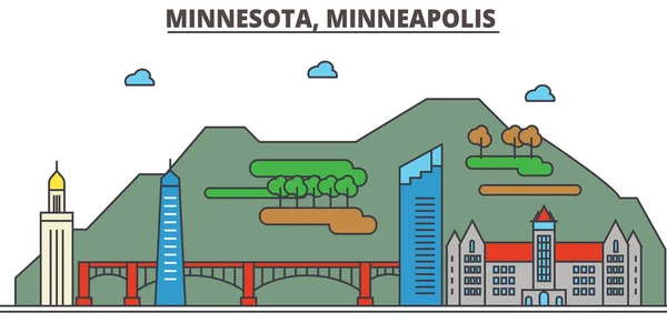 Minnesota, Minneapolis.City skyline : architecture, bâtiments, rues, silhouette, paysage, panorama, monuments, icônes. Coups modifiables. Conception plate ligne vectorielle illustration concept . — Image vectorielle