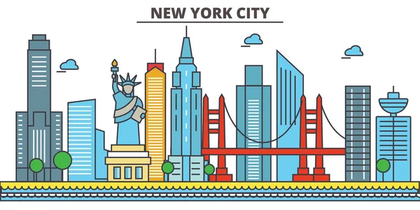 New York, New York City.City Panorama: architektura, budovy, ulice, silueta, krajina, panorama, zajímavosti, ikony. Upravitelné tahy. Plochý design line vektorové ilustrace koncept. — Stockový vektor