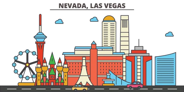 ネバダ州ラスベガスの Vegas.City スカイライン: 建築、建物、通り、シルエット、風景、パノラマ、ランドマーク、アイコン。編集可能なストローク。フラットなデザイン ラインのベクトル図の概念. — ストックベクタ