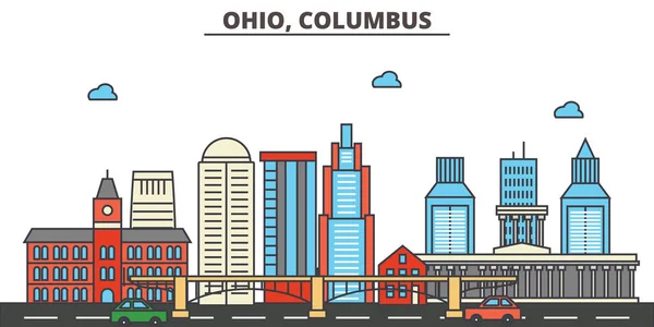 Ohio, Columbus.City skyline: arquitectura, edificios, calles, silueta, paisaje, panorama, monumentos, iconos. Golpes editables. Diseño plano línea vector concepto de ilustración . — Vector de stock