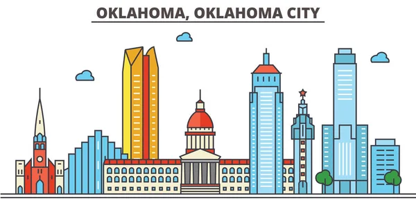 Oklahoma, Oklahoma City skyline : architecture, bâtiments, rues, silhouette, paysage, panorama, monuments, icônes. Coups modifiables. Conception plate ligne vectorielle illustration concept . — Image vectorielle