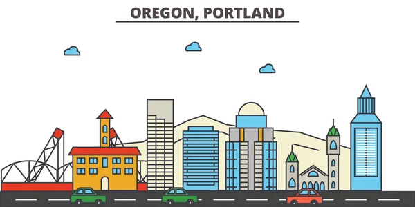 Oregon, de skyline van de Portland.City: architectuur, gebouwen, straten, silhouet, landschap, panorama, monumenten, pictogrammen. Bewerkbare lijnen. Platte lijn vector illustratie ontwerpconcept. — Stockvector