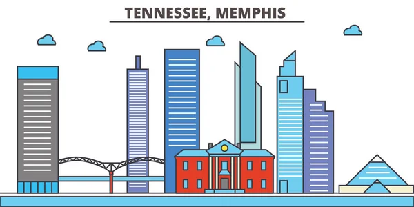 Tennessee, Memphis.City manzarası: mimari, binalar, sokaklar, siluet, peyzaj, panorama, yerler, simgeler. Düzenlenebilir vuruş. Düz çizgi vektör çizim tasarım. — Stok Vektör