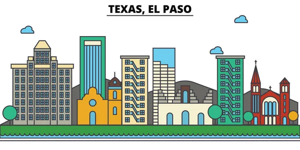 Teksas, El Paso.City manzarası: mimari, binalar, sokaklar, siluet, peyzaj, panorama, yerler, simgeler. Düzenlenebilir vuruş. Düz çizgi vektör çizim tasarım.
