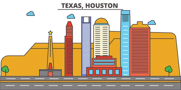 Texas, Houston.City skyline: architettura, edifici, strade, silhouette, paesaggio, panorama, punti di riferimento, icone. Ictus modificabili. Concetto di illustrazione vettoriale della linea di progettazione piatta . — Vettoriale Stock