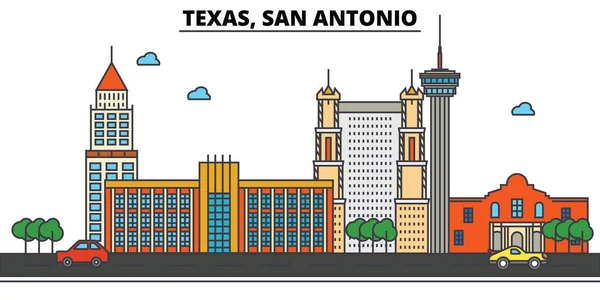 Texas, San Antonio.City manzarası: mimari, binalar, sokaklar, siluet, peyzaj, panorama, yerler, simgeler. Düzenlenebilir vuruş. Düz çizgi vektör çizim tasarım. — Stok Vektör