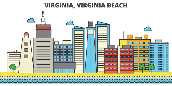 弗吉尼亚州，弗吉尼亚州 Beach.City 的天际线： 建筑、 建筑、 街道、 剪影、 风景、 全景、 地标、 图标。可编辑的笔画。平面设计线矢量图的概念. — 图库矢量图片