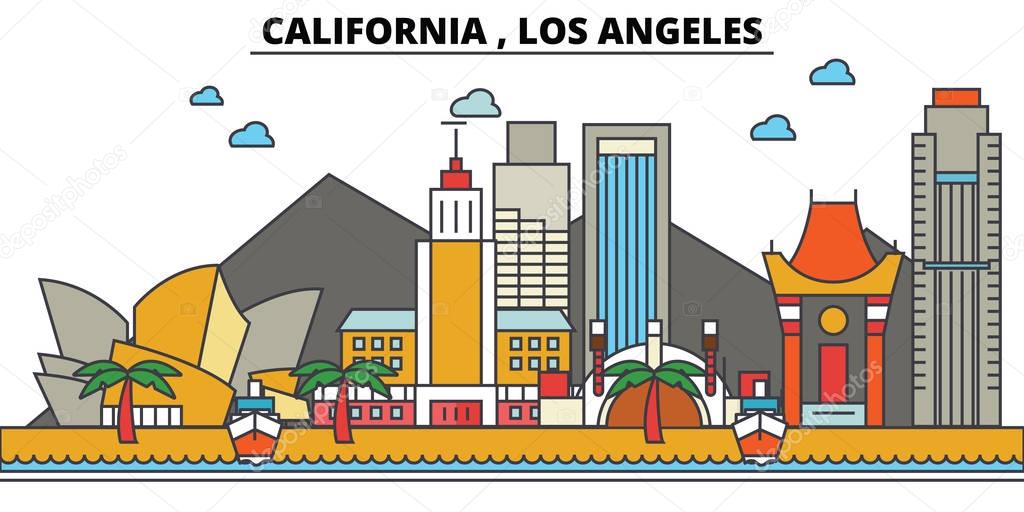 California, Los Angeles.City skyline: architecture, buildings, streets, silhouette, landscape, panorama, landmarks. Editable strokes. Flat design line vector illustration concept. Isolated icons