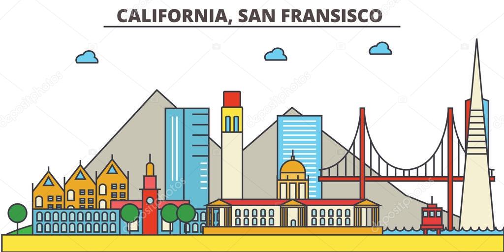 California, San Francisco.City skyline: architecture, buildings, streets, silhouette, landscape, panorama, landmarks. Editable strokes. Flat design line vector illustration concept. Isolated icons