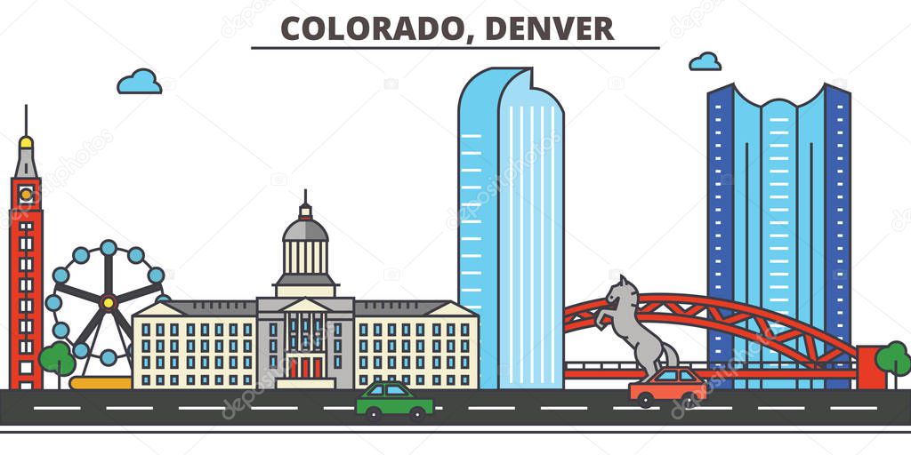 Colorado, Denver.City skyline: architecture, buildings, streets, silhouette, landscape, panorama, landmarks. Editable strokes. Flat design line vector illustration concept. Isolated icons