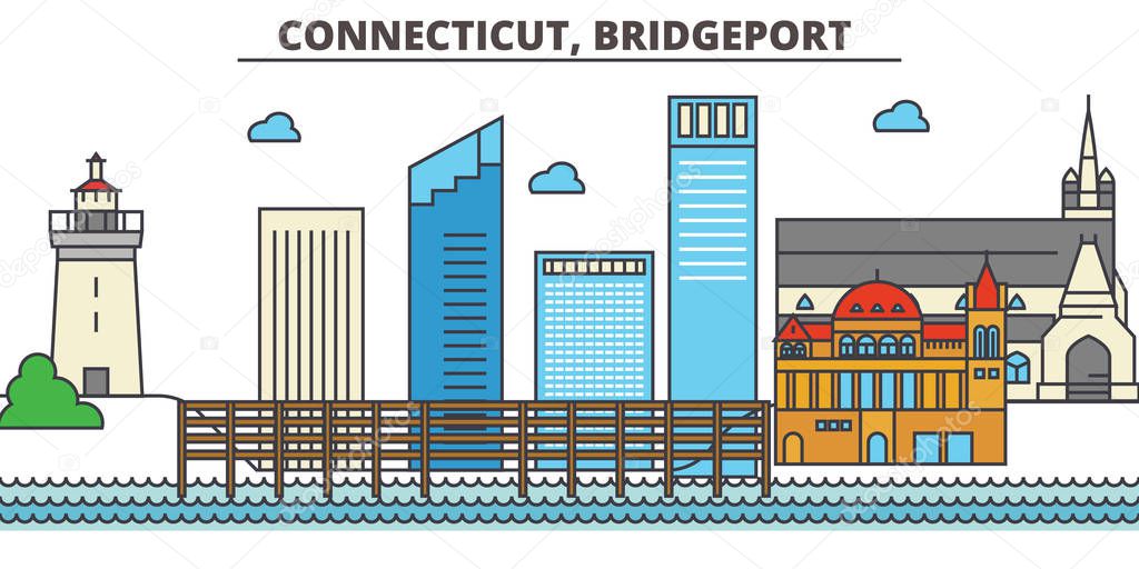 Connecticut, Bridgeport.City skyline: architecture, buildings, streets, silhouette, landscape, panorama, landmarks. Editable strokes. Flat design line vector illustration concept. Isolated icons