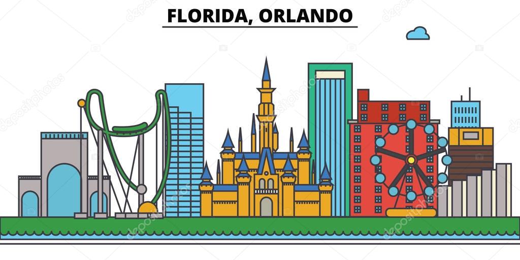 Florida, Orlando.City skyline: architecture, buildings, streets, silhouette, landscape, panorama, landmarks, icons. Editable strokes. Flat design line vector illustration concept.