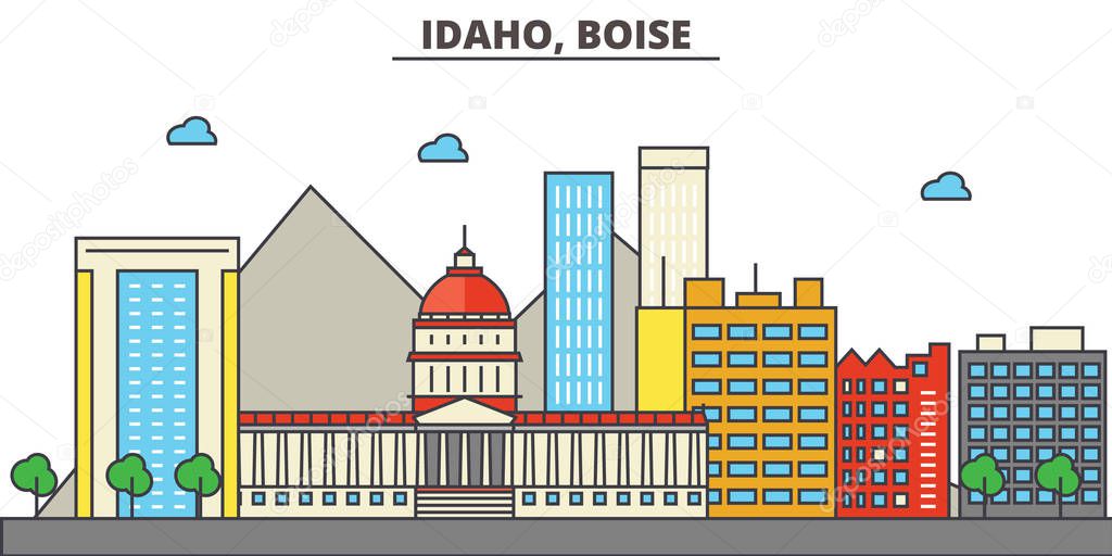 Idaho, Boise.City skyline: architecture, buildings, streets, silhouette, landscape, panorama, landmarks, icons. Editable strokes. Flat design line vector illustration concept.