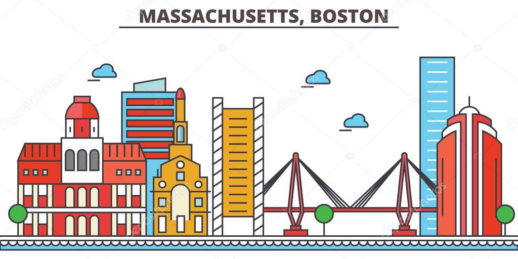 Massachusetts, Boston.City skyline: architecture, buildings, streets, silhouette, landscape, panorama, landmarks. Editable strokes. Flat design line vector illustration concept. Isolated icons