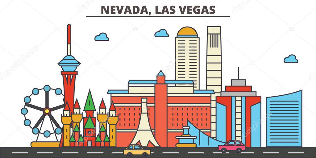 Nevada, Las Vegas.City skyline: architecture, buildings, streets, silhouette, landscape, panorama, landmarks, icons. Editable strokes. Flat design line vector illustration concept.