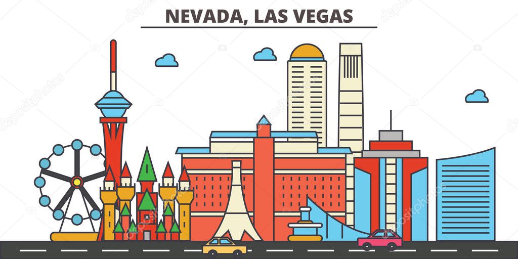 Nevada, Las Vegas.City skyline: architecture, buildings, streets, silhouette, landscape, panorama, landmarks. Editable strokes. Flat design line vector illustration concept. Isolated icons