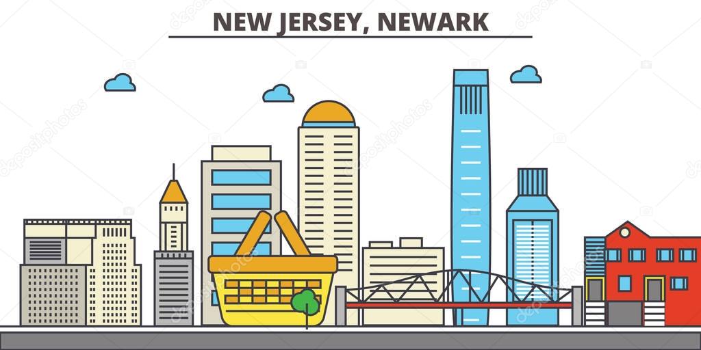 New Jersey, Newark.City skyline: architecture, buildings, streets, silhouette, landscape, panorama, landmarks. Editable strokes. Flat design line vector illustration concept. Isolated icons