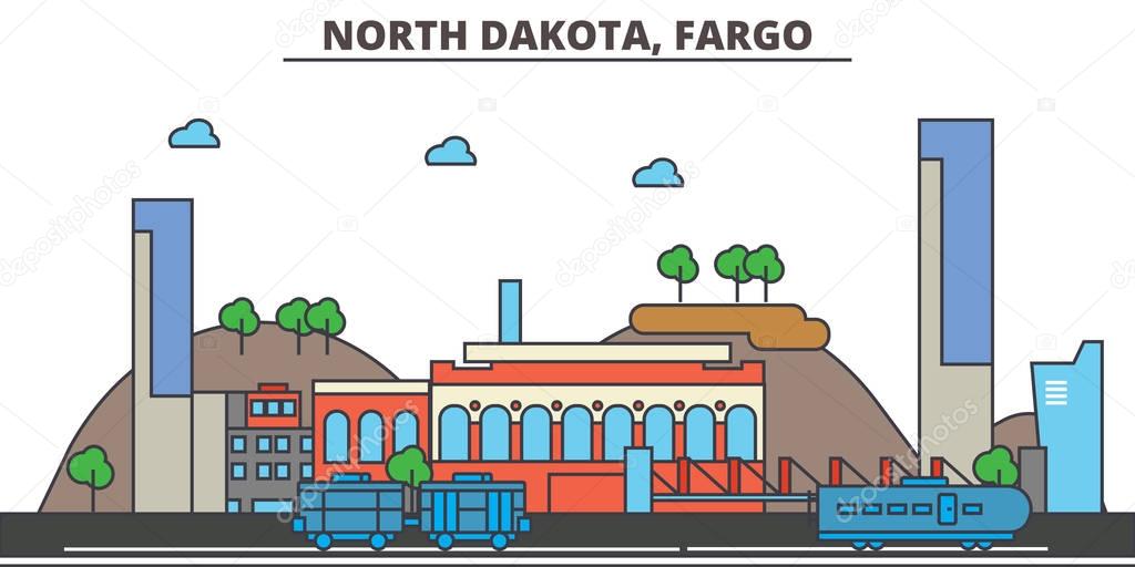 North Dakota, Fargo.City skyline: architecture, buildings, streets, silhouette, landscape, panorama, landmarks. Editable strokes. Flat design line vector illustration concept. Isolated icons
