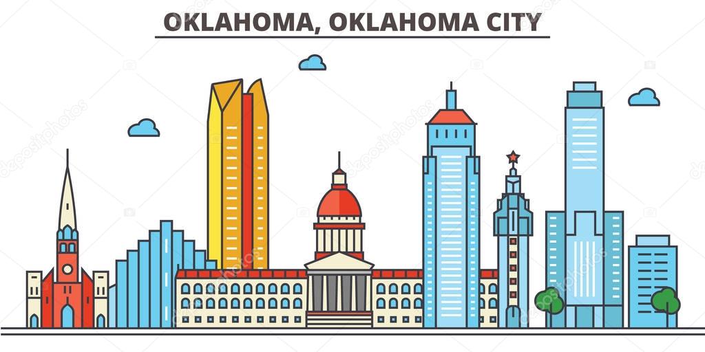 Oklahoma, Oklahoma City.City skyline: architecture, buildings, streets, silhouette, landscape, panorama, landmarks. Editable strokes. Flat design line vector illustration concept. Isolated icons
