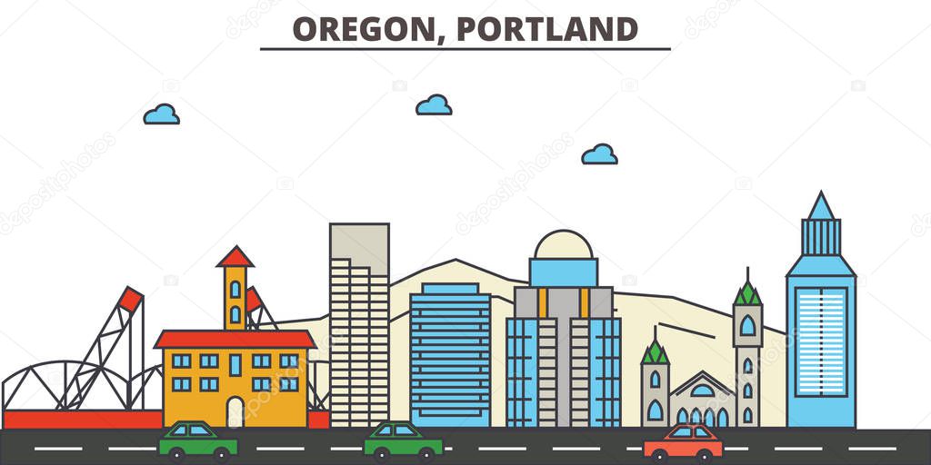 Oregon, Portland.City skyline: architecture, buildings, streets, silhouette, landscape, panorama, landmarks, icons. Editable strokes. Flat design line vector illustration concept.