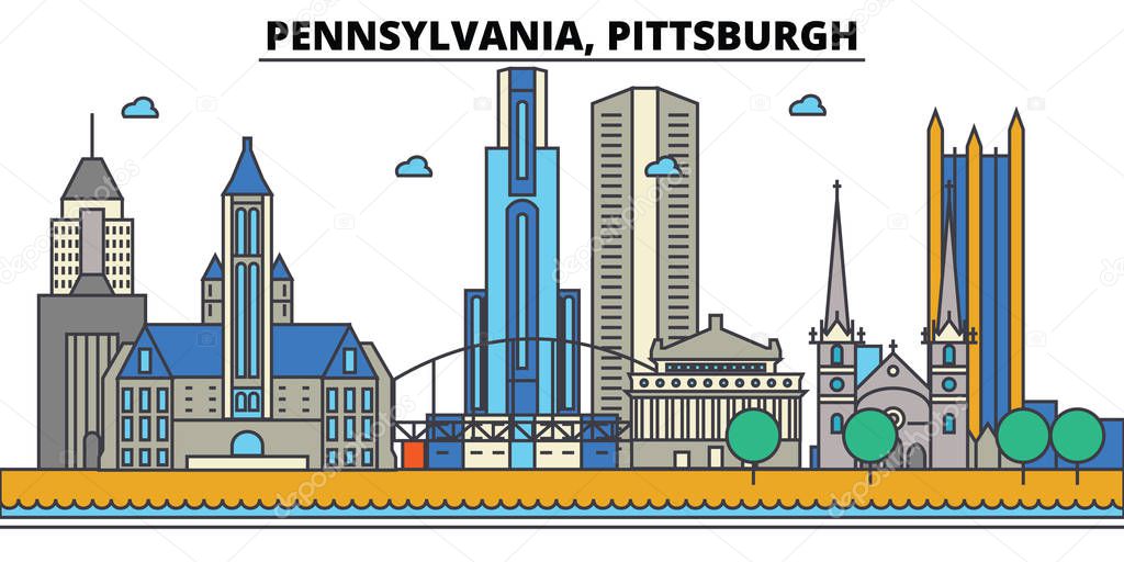 Pennsylvania, Pittsburgh.City skyline: architecture, buildings, streets, silhouette, landscape, panorama, landmarks, icons. Editable strokes. Flat design line vector illustration concept.