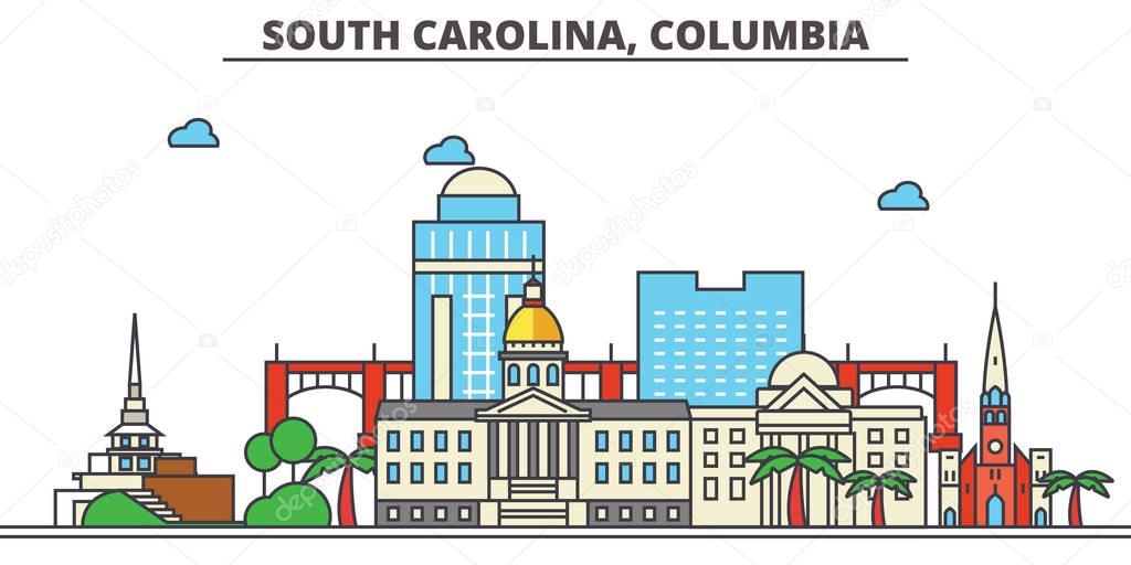 South Carolina, Columbia.City skyline: architecture, buildings, streets, silhouette, landscape, panorama, landmarks. Editable strokes. Flat design line vector illustration concept. Isolated icons