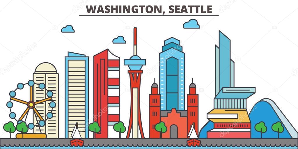 Washington, Seattle.City skyline: architecture, buildings, streets, silhouette, landscape, panorama, landmarks, icons. Editable strokes. Flat design line vector illustration concept.