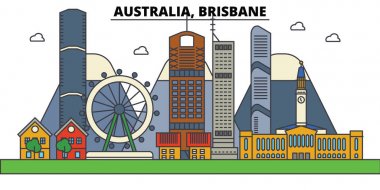 Avustralya Brisbane. Şehir manzarası: mimari, binalar, sokaklar, siluet, peyzaj, panorama, yerler. Düzenlenebilir vuruş. Düz çizgi vektör çizim tasarım. İzole Icons set