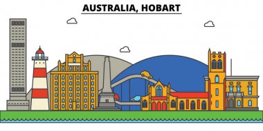 Avustralya Hobart. Şehir manzarası: mimari, binalar, sokaklar, siluet, peyzaj, panorama, yerler. Düzenlenebilir vuruş. Düz çizgi vektör çizim tasarım. İzole Icons set