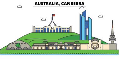 Avustralya, Canberra. Şehir manzarası: mimari, binalar, sokaklar, siluet, peyzaj, panorama, yerler. Düzenlenebilir vuruş. Düz çizgi vektör çizim tasarım. İzole Icons set