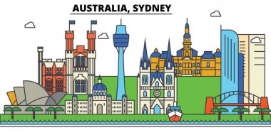 Avustralya, Sydney. Şehir manzarası: mimari, binalar, sokaklar, siluet, peyzaj, panorama, yerler. Düzenlenebilir vuruş. Düz çizgi vektör çizim tasarım. İzole Icons set