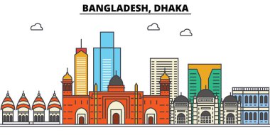 Bangladeş, Dhaka. Şehir manzarası: mimari, binalar, sokaklar, siluet, peyzaj, panorama, yerler. Düzenlenebilir vuruş. Düz çizgi vektör çizim tasarım. İzole Icons set