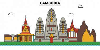 Camdodia, Camdodia. Şehir manzarası: mimari, binalar, sokaklar, siluet, peyzaj, panorama, yerler. Düzenlenebilir vuruş. Düz çizgi vektör çizim tasarım. İzole Icons set