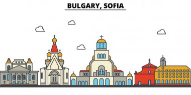 Bulgary, Sofia. Şehir manzarası: mimari, binalar, sokaklar, siluet, peyzaj, panorama, yerler. Düzenlenebilir vuruş. Düz çizgi vektör çizim tasarım. İzole Icons set