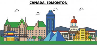 Kanada, Edmonton. Şehir manzarası: mimari, binalar, sokaklar, siluet, peyzaj, panorama, yerler. Düzenlenebilir vuruş. Düz çizgi vektör çizim tasarım. İzole Icons set