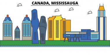 Kanada, Mississauga. Şehir manzarası: mimari, binalar, sokaklar, siluet, peyzaj, panorama, yerler. Düzenlenebilir vuruş. Düz çizgi vektör çizim tasarım. İzole Icons set