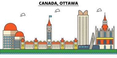 Kanada, Ottawa. Şehir manzarası: mimari, binalar, sokaklar, siluet, peyzaj, panorama, yerler. Düzenlenebilir vuruş. Düz çizgi vektör çizim tasarım. İzole Icons set